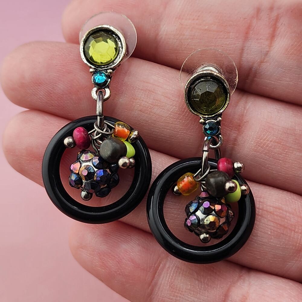 Black Hoop Multicolor Bead Rhinestone Dangle Earrings Chunky Boho Statement